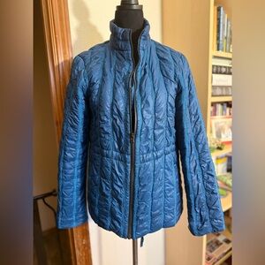 CAbi Navy Satin Quilted Jacket Zip Front Stand Collar size Small